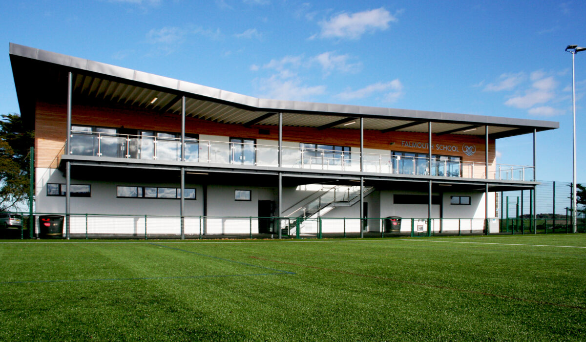 Sports pavillion at Falmouth School from the pitch.