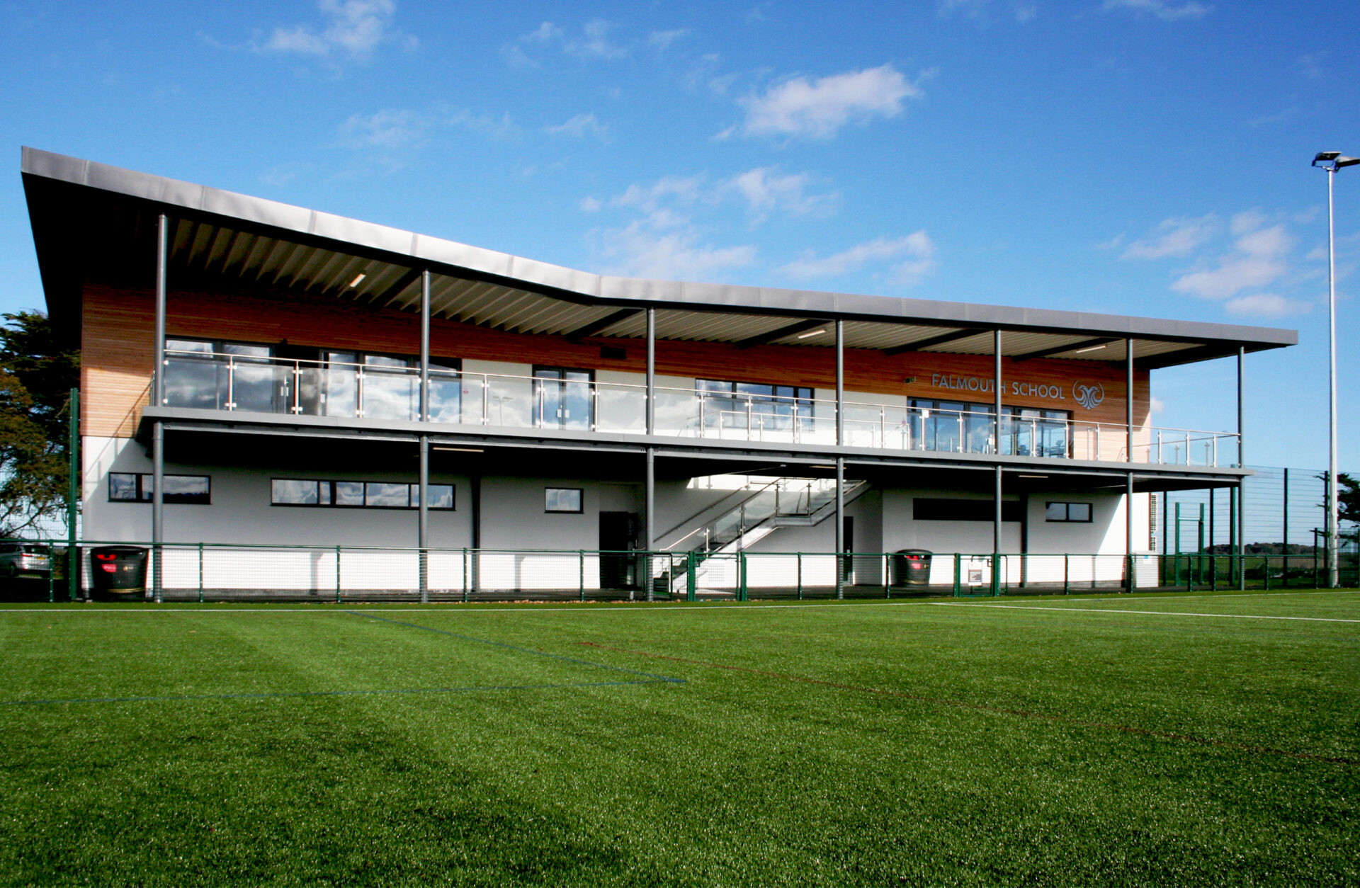 Sports pavillion at Falmouth School from the pitch.