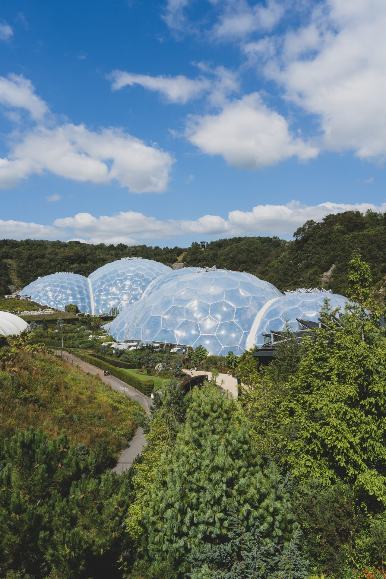 An aerial image of the eden project greenhouses